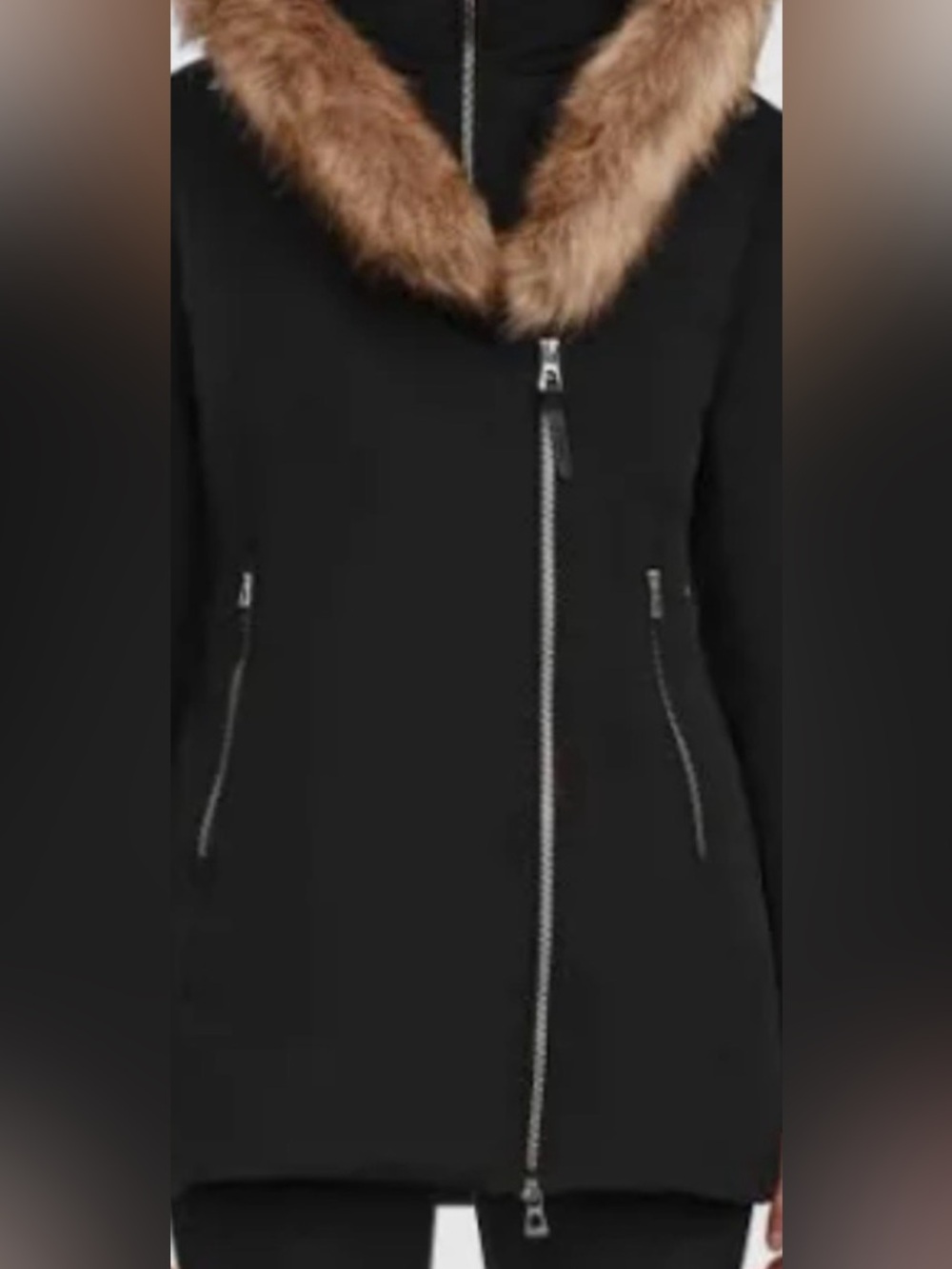 Women's Aurore Black Parka with leather sleeves with Fox fur trim